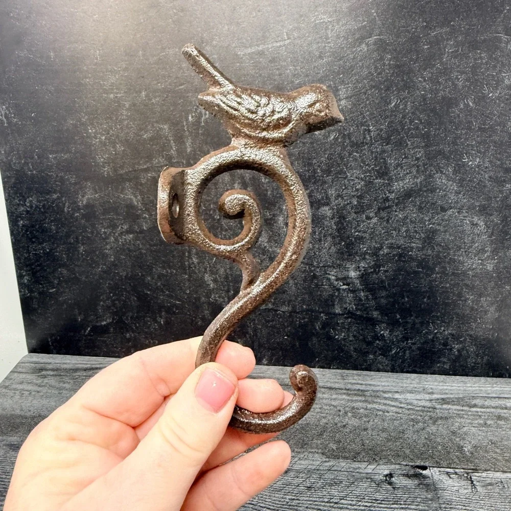 Cast Iron Perched Bird Scroll Wall Hook Rustic Farmhouse Cottage Decor